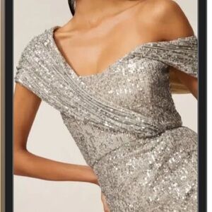 Badgley Mischka Gown Silver Sequin Sleeveless with 1-Shoulder Zip at Back